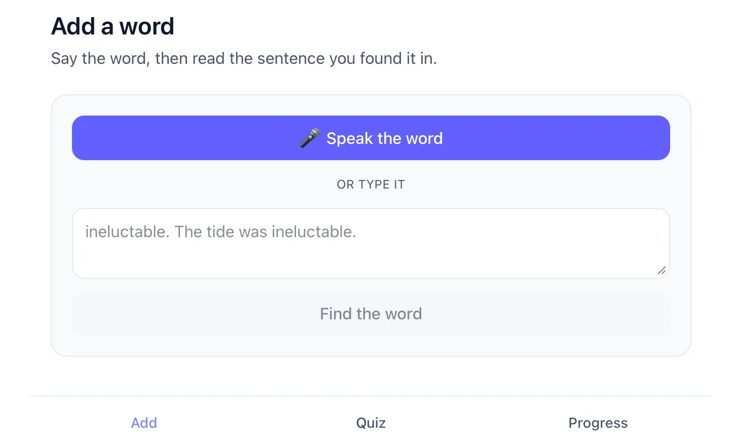 Vocable's capture screen — speak or type the word, then the sentence you saw it in.