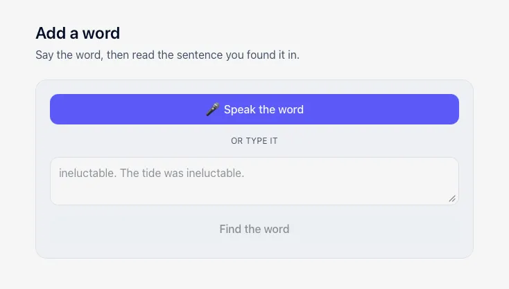 Vocable's capture screen — say the word, then the sentence you saw it in.