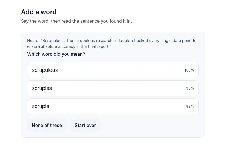 Vocable — three ranked word candidates with confidence scores