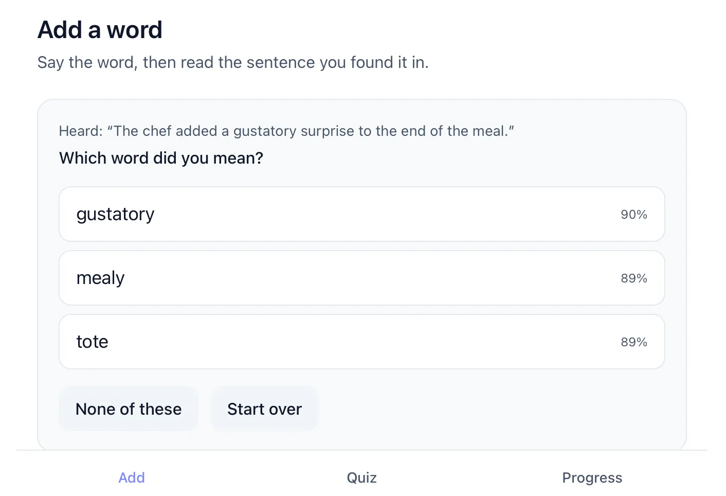 Vocable — three ranked word candidates with confidence scores