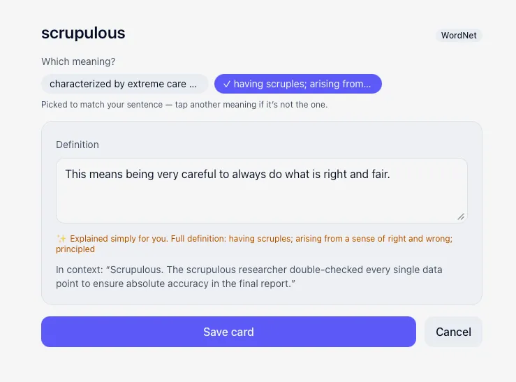 Vocable picking the meaning that fits your sentence, and explaining it in plain language.