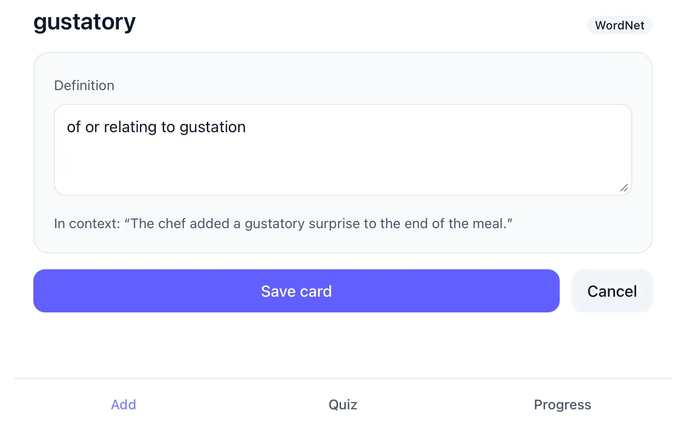 The card Vocable builds — the definition it found, with your sentence as context.